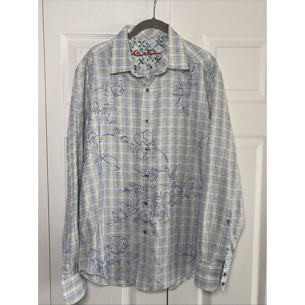 Robert Graham Floral Embroidered Plaid Shirt Mens Size L Blue Green Cotton L/S